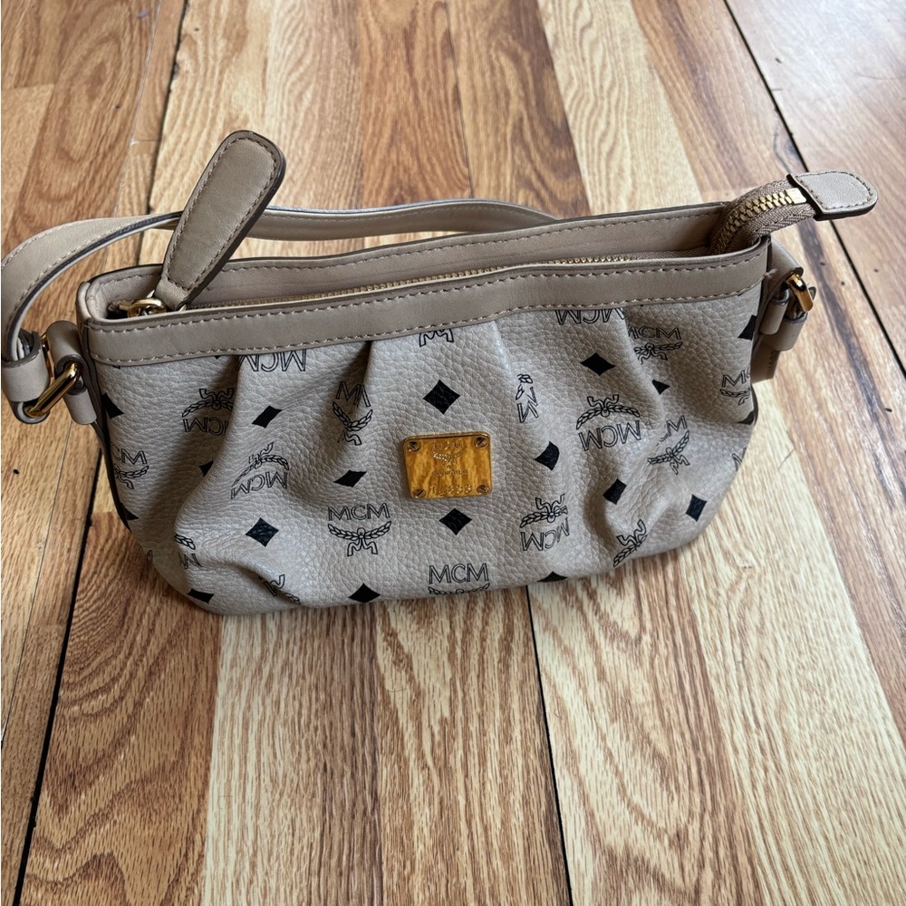 MCM Tan Monogram Pouch with Gold Accents
